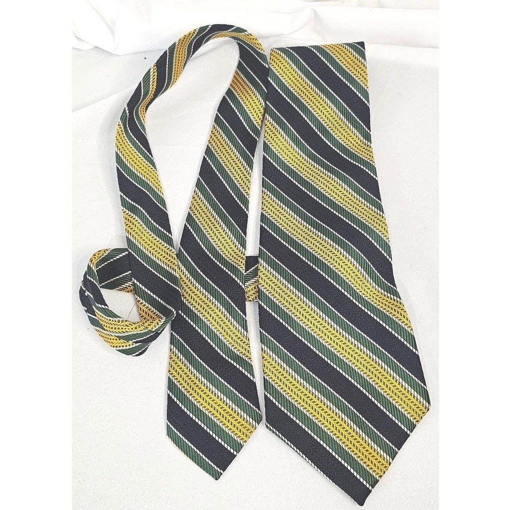 VTG Garrick Anderson Silk Regimental Stripe Tie Navy Green Gold Necktie
